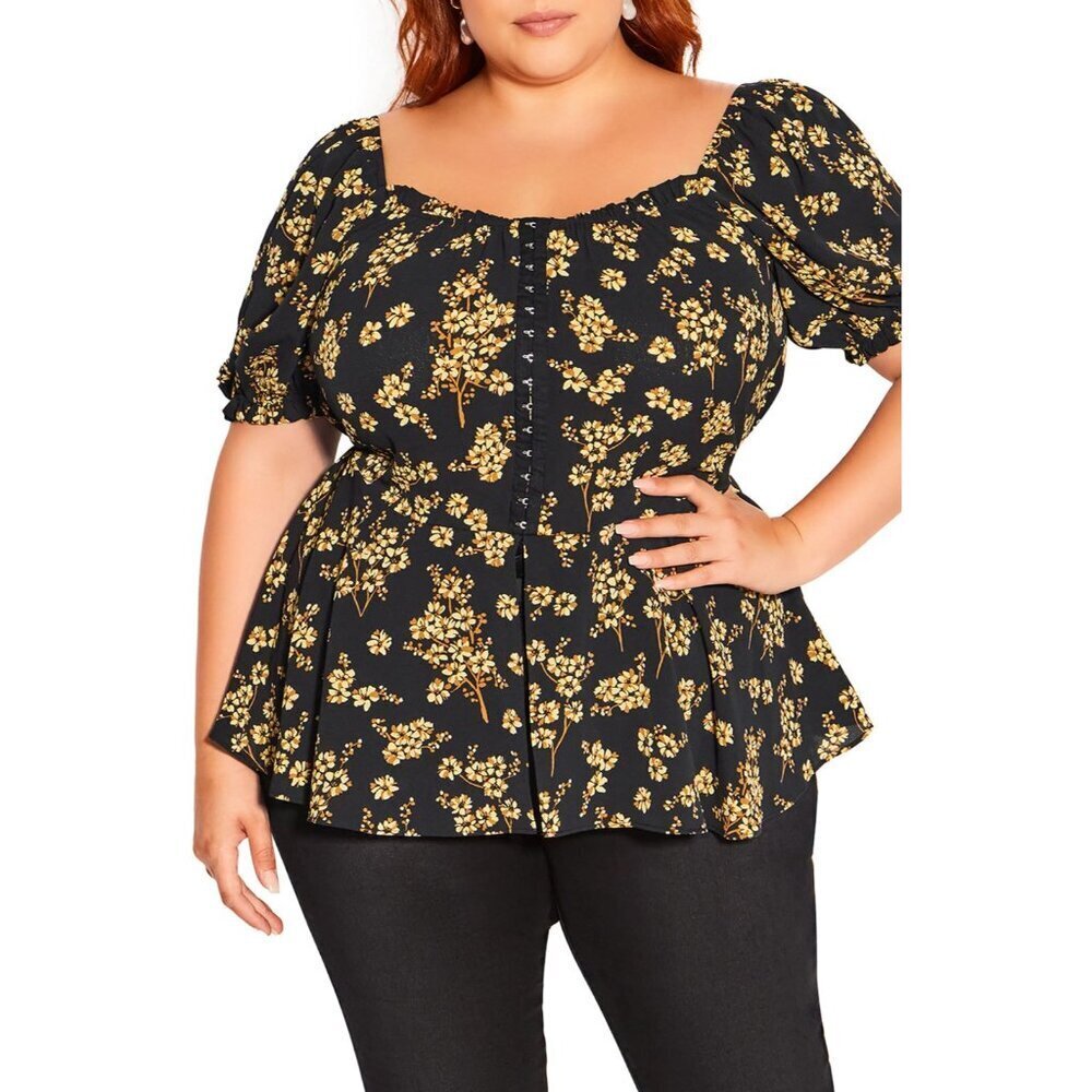 City Chic Womens Plus Size Small 16 Quirky Corset Peplum Blouse Golden Posy 1514